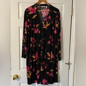 Susan Graver 3XL Black Pink Floral Print Textured Liquid Knit Long Cardigan NEW